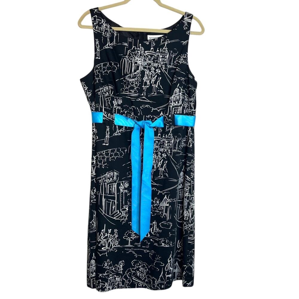 Jessica Howard Womens Sleeveless Sheath Dress 16 Black White Cityscape Teal Belt